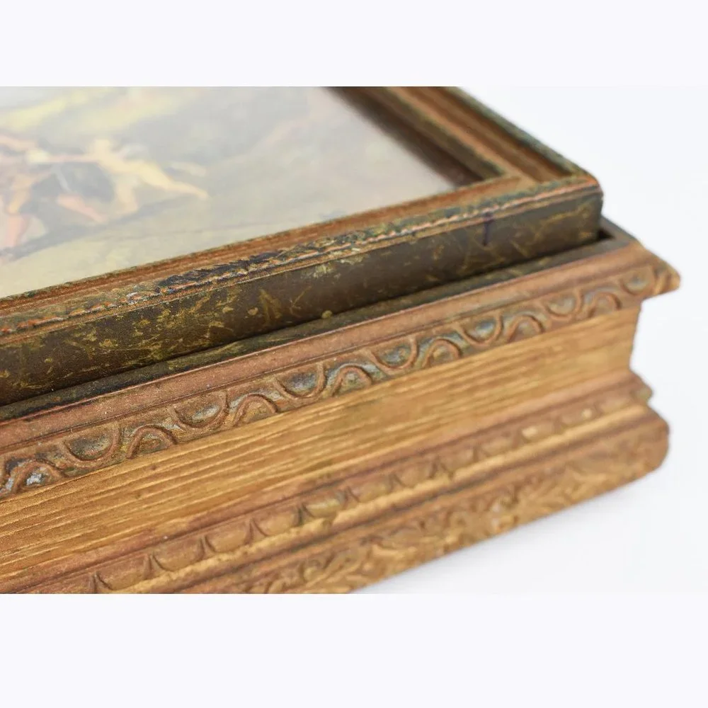 Rare antique wooden box with decorative lid, collectible painting storage box